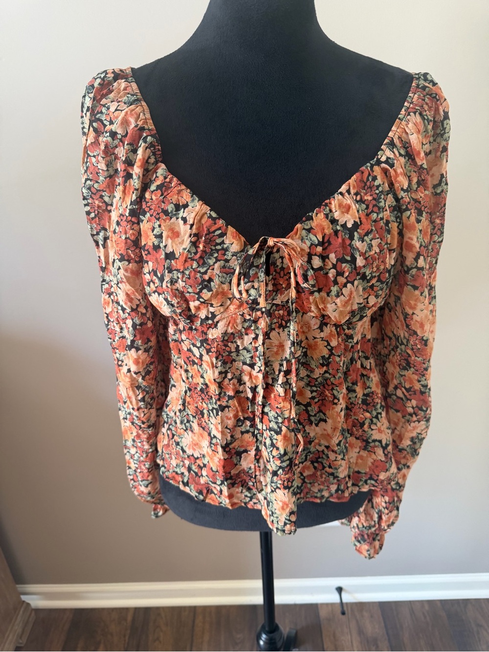 Blu Pepper Boho-Inspired Floral Tie- Long Sleeve Blouse Peach Multi LG